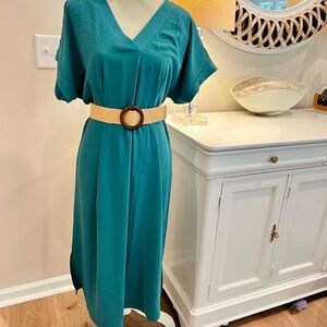 Fred David Green Blue Midi Dress V-Neck NWOT